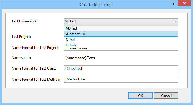 Select other unit test framework for IntelliTest