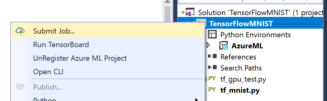 Screenshot of the Visual Studio Solution Explorer showing the context menu for the TensorFlowMNIST project with "Submit Job…" selected.