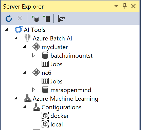 Screenshot of the expanded folder tree for AI Tools in Server Explorer, showing expanded subfolders for Azure Batch AI and Azure Machine Learning.