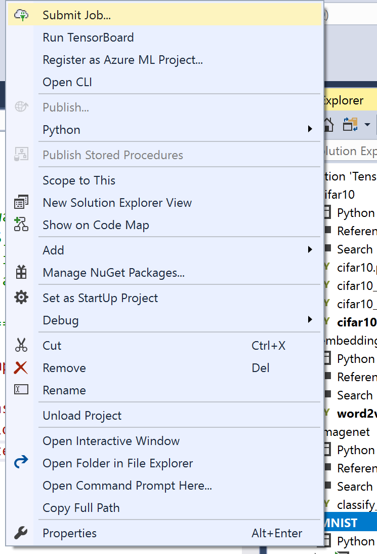 Screenshot showing Submit Job selected on the context menu for the MNIST project in Solution Explorer.
