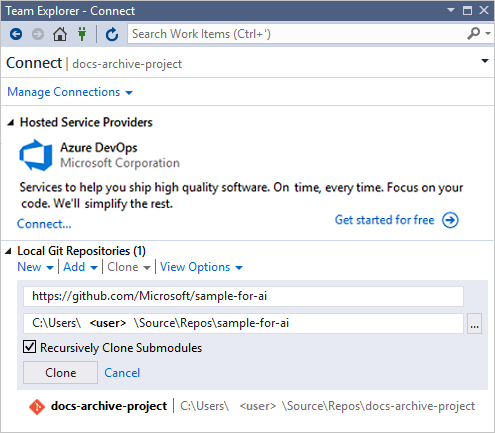 Team explorer window showing Azure DevOps, GitHub, and cloning a repository