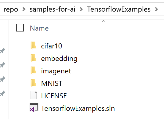 Screenshot showing the solution file TensorflowExamples.sln listed in the contents of the TensorflowExamples folder in the samples-for-ai repository.