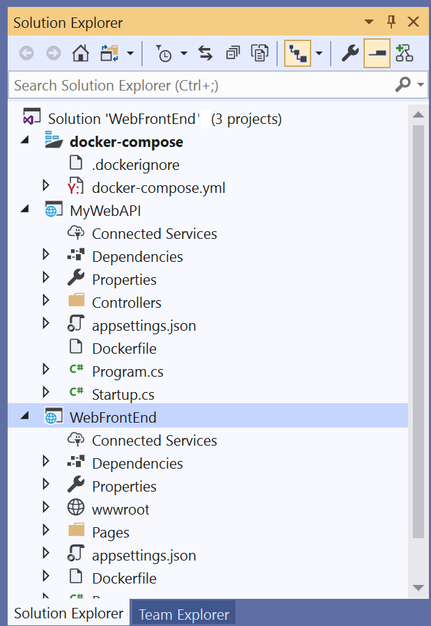 Screenshot of Solution Explorer with docker-compose project added.