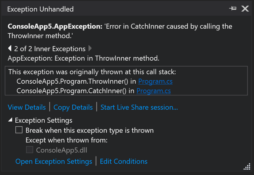 Exception helper with inner exception