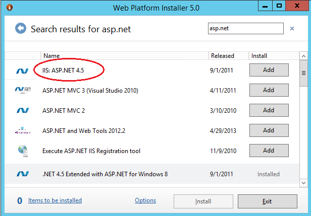 Screenshot of the Web Platform Installer 5.0 showing the search results for asp.net with the web platform component IIS: ASP.NET 4.5 circled in red.