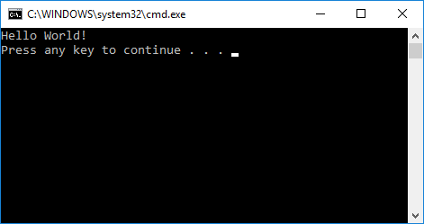 Screenshot of the cmd.exe console window showing the output 'Hello World!' and 'Press any key to continue'.