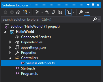 Screenshot showing the Solution Explorer with the Values Controller expanded in an F# Web API project.