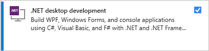 Screenshot shows the dot NET desktop development workload in the Visual Studio Installer.