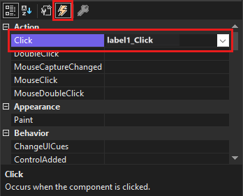 Screenshot shows the Properties window showing Click event.