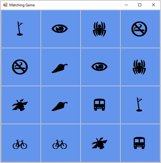 Screenshot shows the Matching Game displaying the random icons.