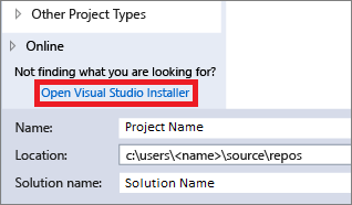Select the Open Visual Studio Installer link from the New Project dialog box
