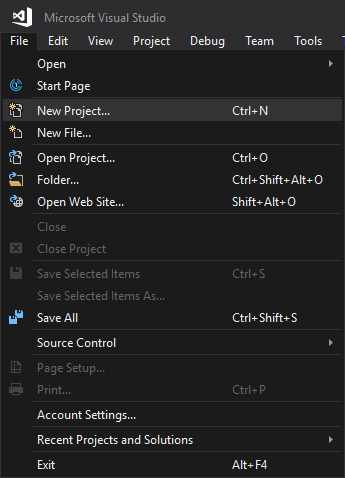 Screenshot that shows File > New Project on menu bar.
