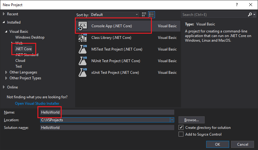 Screenshot that shows the .NET Core app template.