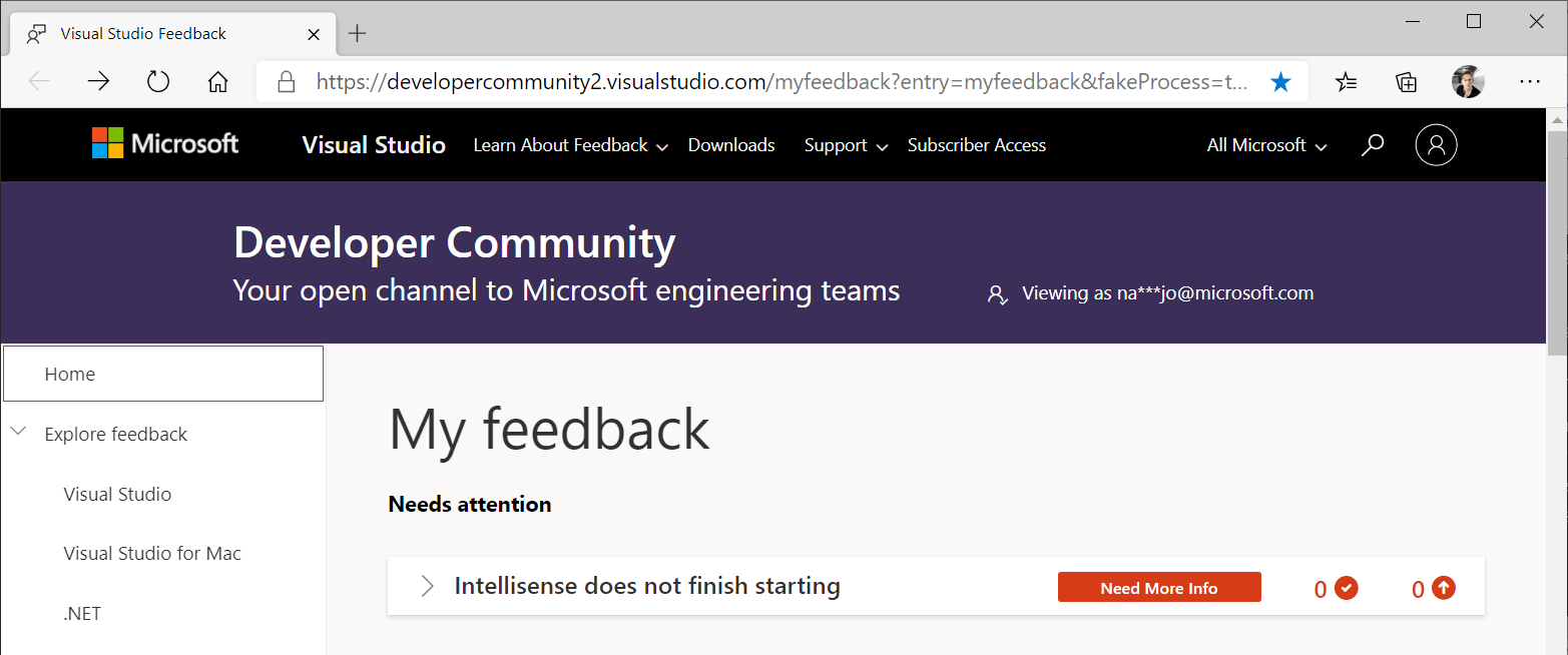 Screenshot of the Home page of the Visual Studio Feedback window. One feedback item is listed, and it's marked with a "Need More Info" label in red.