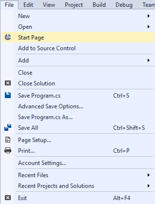 Screenshot of the File menu in Visual Studio 2017.