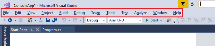 Screenshot showing the Menu bar in Visual Studio 2017.