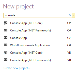 Screenshot showing a list of project templates on the Start Page in Visual Studio 2017.