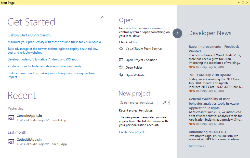 Screenshot of the Start Page in Visual Studio 2017.