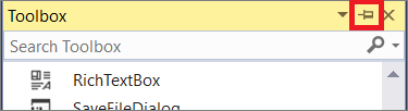 Choose the Pin icon to pin the Toolbox window to the IDE