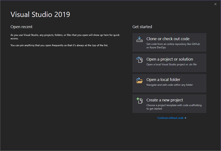 A screenshot of the new start window in Visual Studio 2019