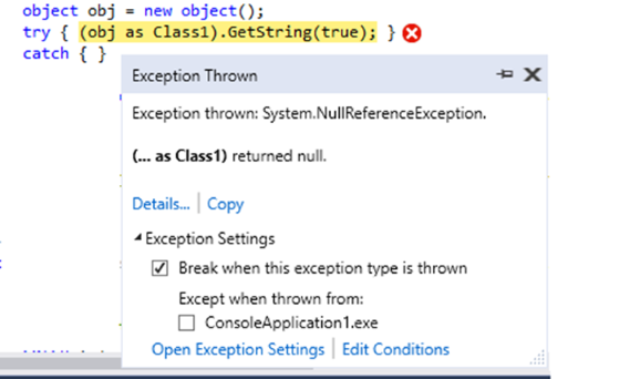 The New Exception Helper dialog in Visual Studio