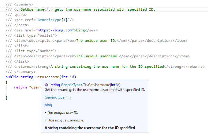 Screenshot showing the completed comment with style tags for italics, bold, bullets, and a clickable link.
