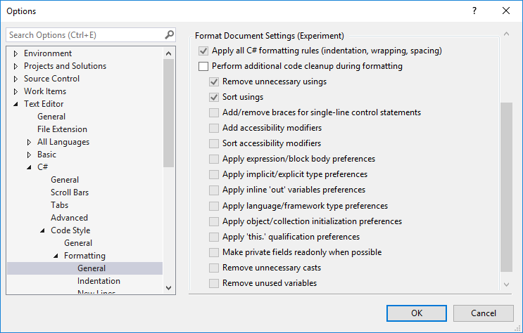Code cleanup settings for C# in Visual Studio