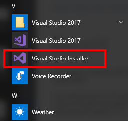 Screenshot showing the Visual Studio Installer entry in the Windows 10 Start menu.
