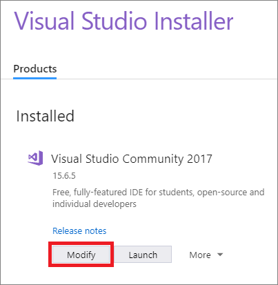 Screenshot showing the Modify button in the Visual Studio Installer.