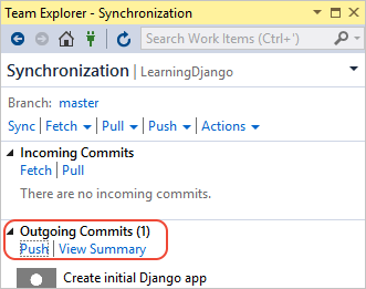 Push commits to remote repository in Team Explorer.