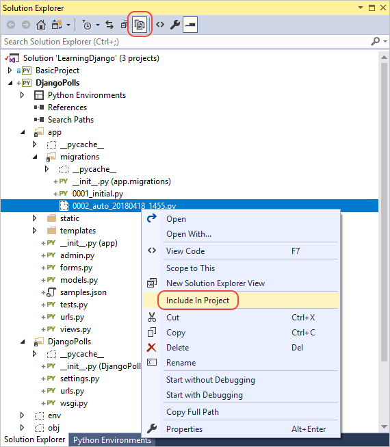 Include in Project command in Solution Explorer.