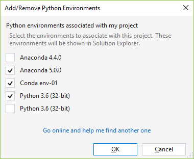 Add/Remove Python Environments dialog
