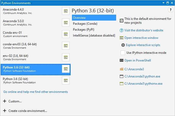 Python Environments window expanded view