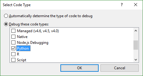 Selecting Python as the debugging type when attaching a debugger