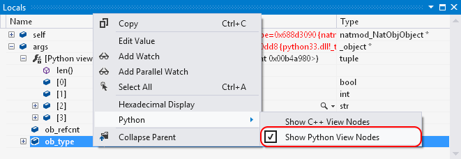 Enabling Python View in the Locals window