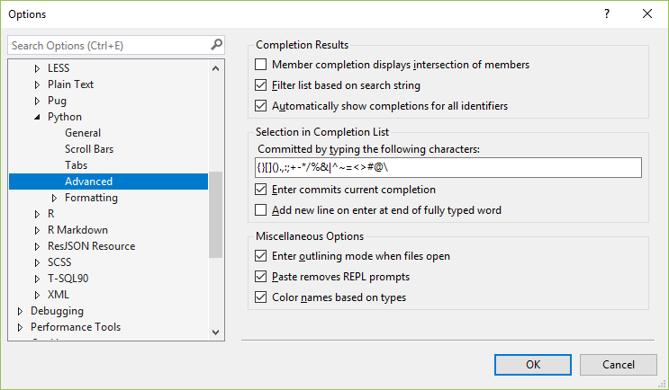 Python editor options dialog, advanced tab