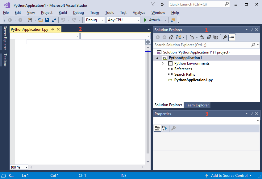 Screenshot showing the new project open in Visual Studio.