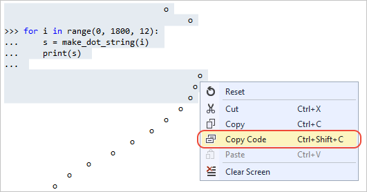 Interactive window copy code command on a selection with prompts and output
