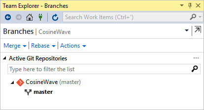 Team Explorer in Visual Studio showing branches
