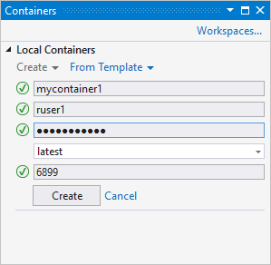 Entering a container name and credentials when creating a container