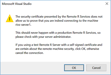 Self-signed certificate warning dialog