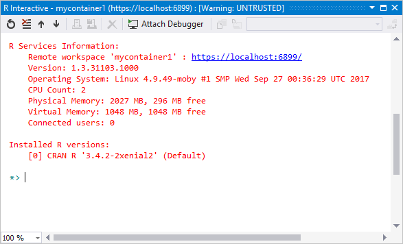 Workspaces window and REPL window opened for a container