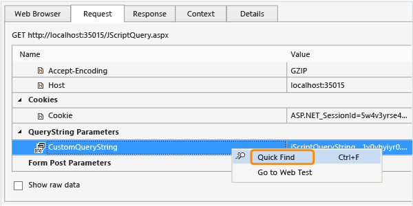 Screenshot of the Request tab in the Web Performance Text Results Viewer. A QueryString parameter is selected and QuickFind is highlighted on a context menu.