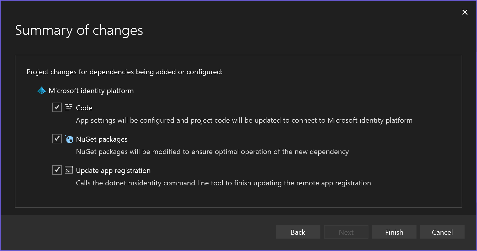 Screenshot showing Summary of changes screen for the project.