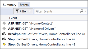 Events tab with snapshots on breakpoints and steps Events tab with snapshots