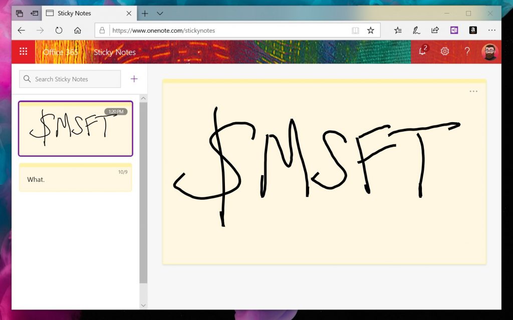 Sticky Notes with $MSFT drawn on it on OneNote site