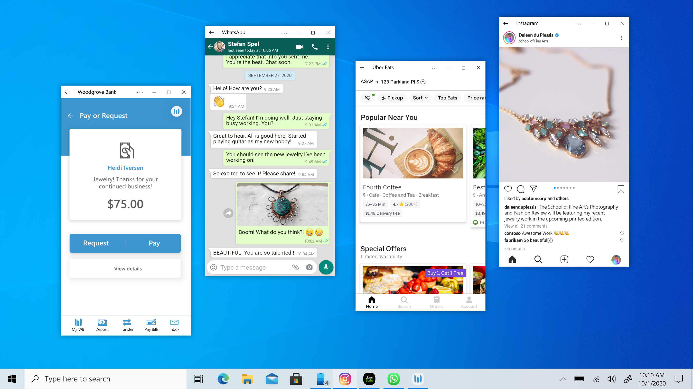 Screenshot that shows phone apps opened side by side as separate apps on a Windows 10 PC.