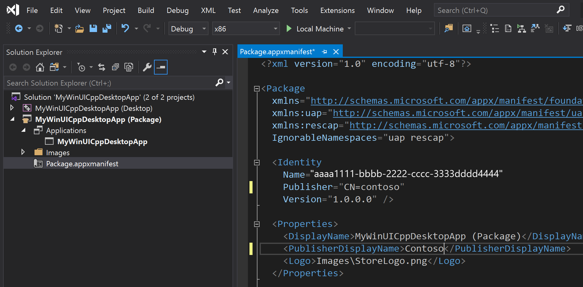 Another screenshot of Visual Studio showing the Solution Explorer pane and the contents of the Package app x manifest file.