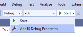 Visual Studio - Start drop down with C++ application debug properties highlighted