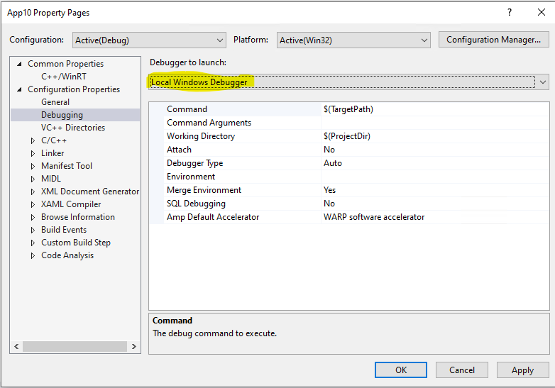 Visual Studio - C# Application property page with debugger to launch property of Local Windows Debugger highlighted